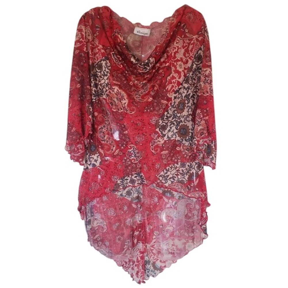 Younique Women's M Scallop Red Flower Detail Light Print Shirt Tunic‎ Bell SLV